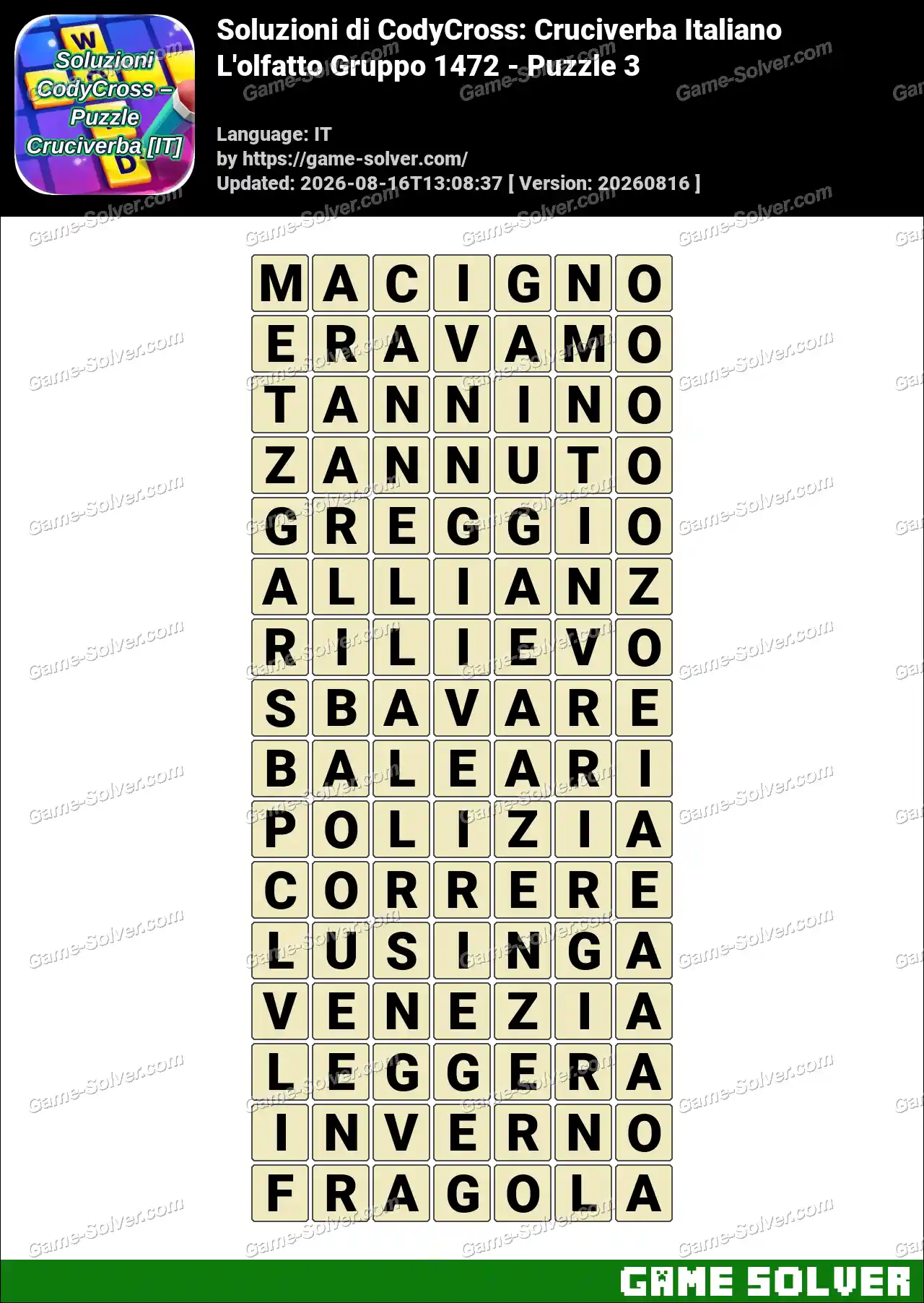 Soluzioni di CodyCross: Cruciverba Italiano L’olfatto Gruppo 1472 – Puzzle 3